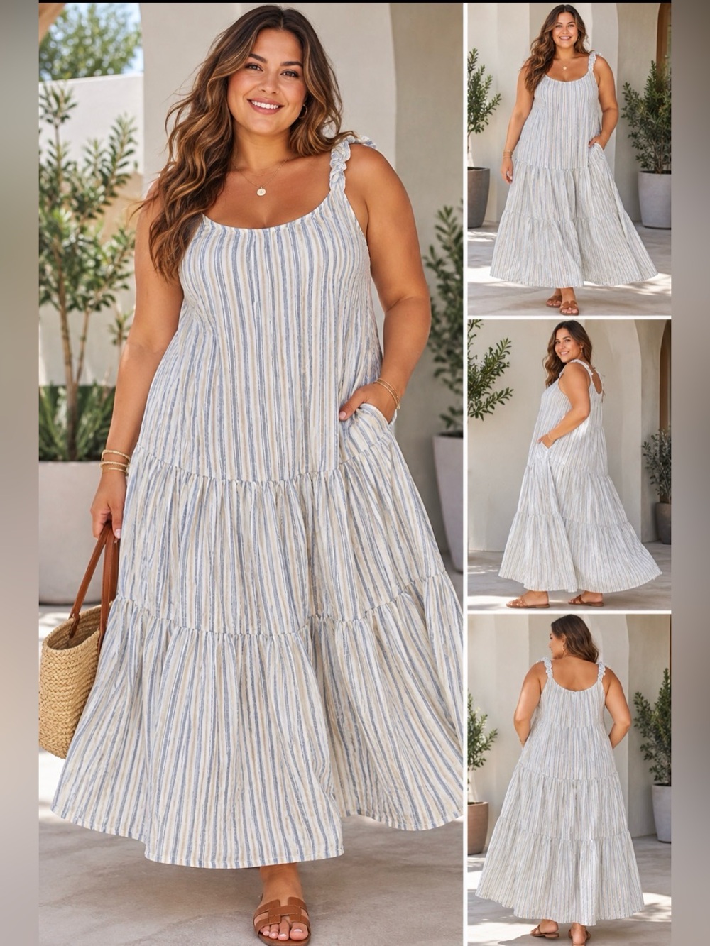 Casual Striped Linen Blend Maxi Dress with Tie Straps - Light Blue/White